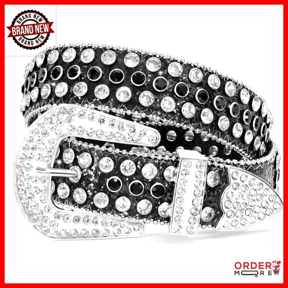 Western Rhinestone Studded Leather Belt Unisex Bling Cowgirl Cowboy